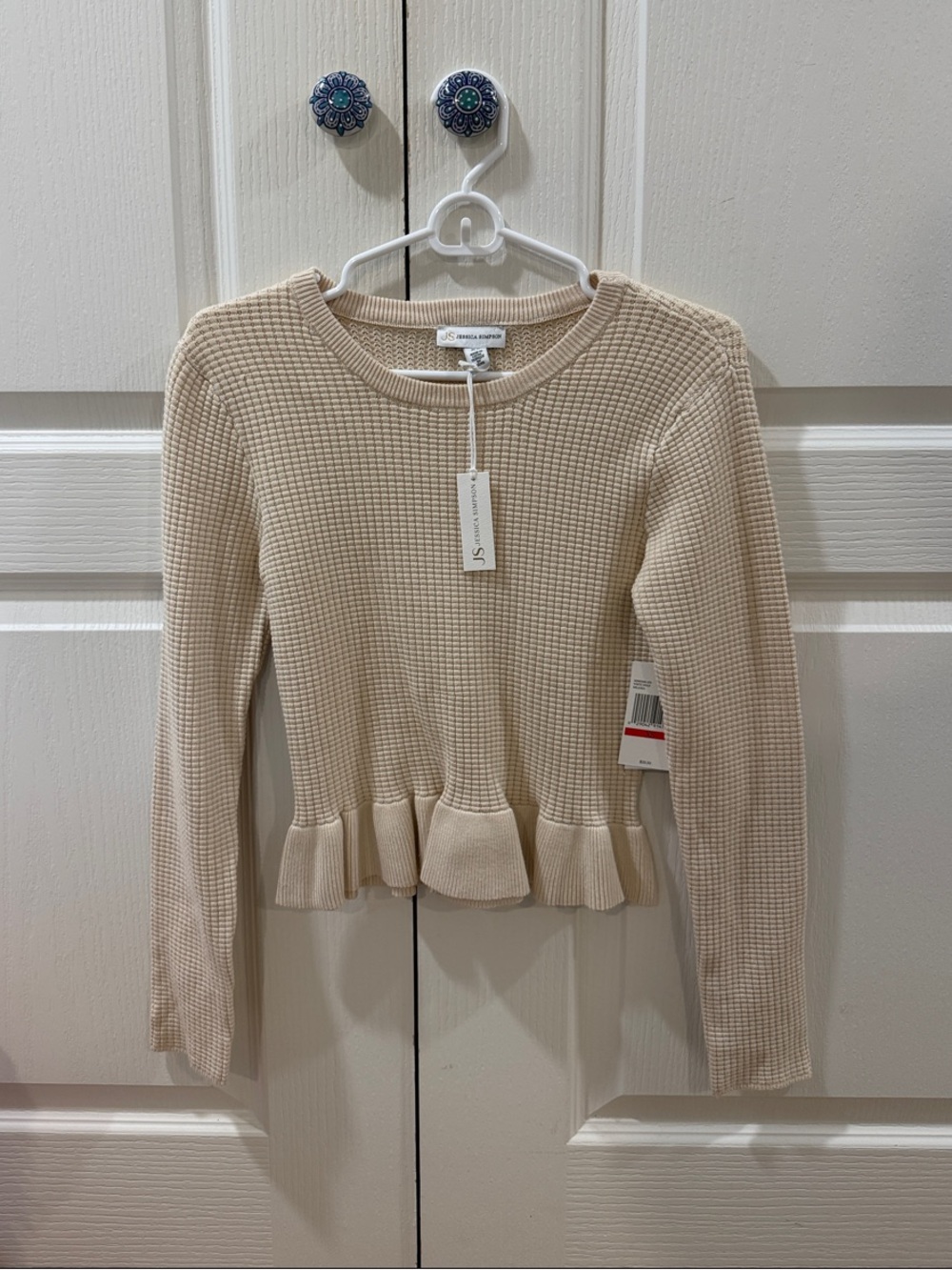 Jessica Simpson Cream Waffle-Knit Peplum Long-Sleeve Top